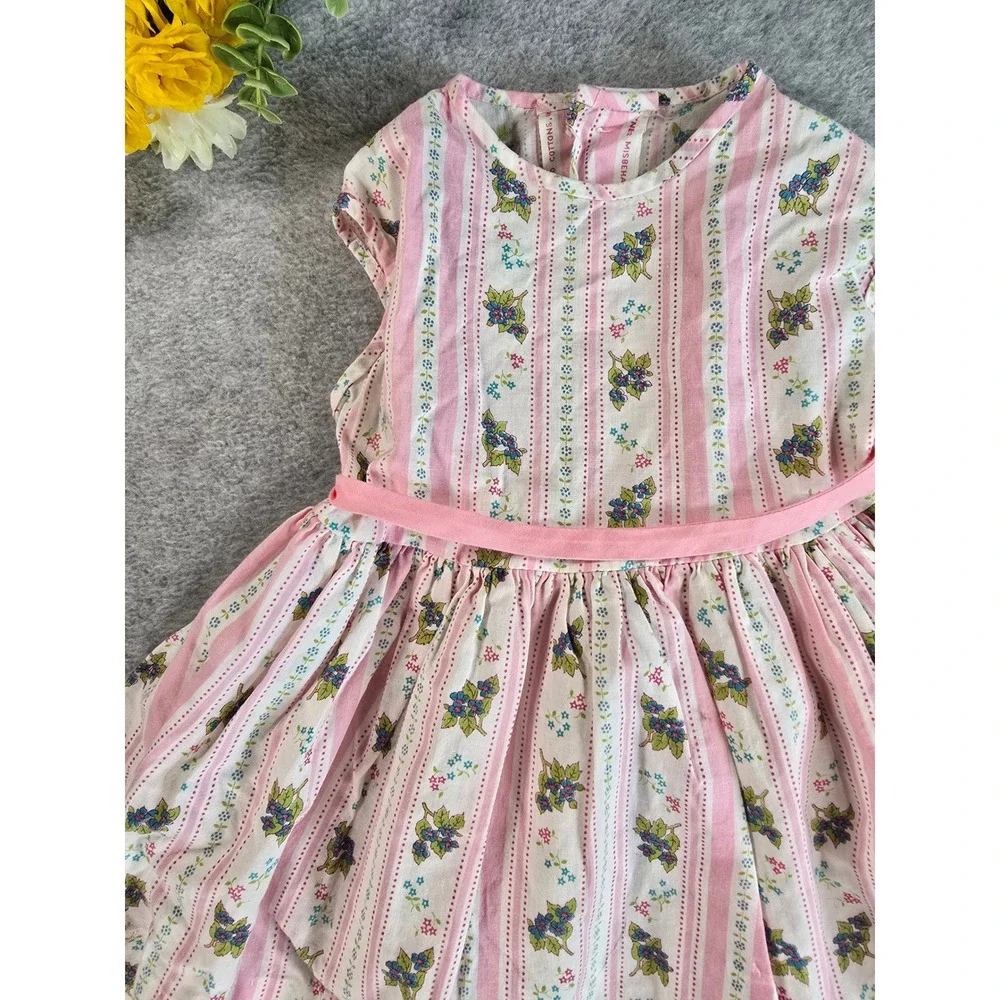 Vintage Handmade Dress Girls 2T Pink Floral Striped Tulle Lined Cotton 70s